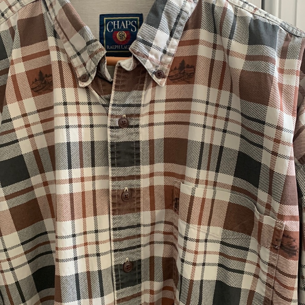 Chaps Ralph Lauren Plaid Fishing Print Cabincore Button Up Shirt XL